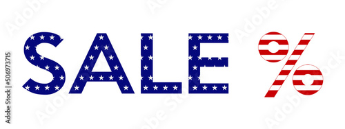 Sale text in American flag colors isolated vector banner.USA patriotic red white, blue design with stars and stripes.Percent sign.4th July Independence Day or Memorial Day special offer deal concept.