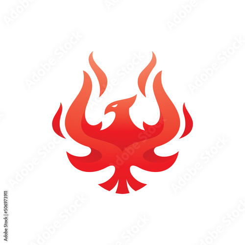 Modern rising phoenix, firebird logo design, bird with fire or flame wing vector icon with vibrant red gradient color