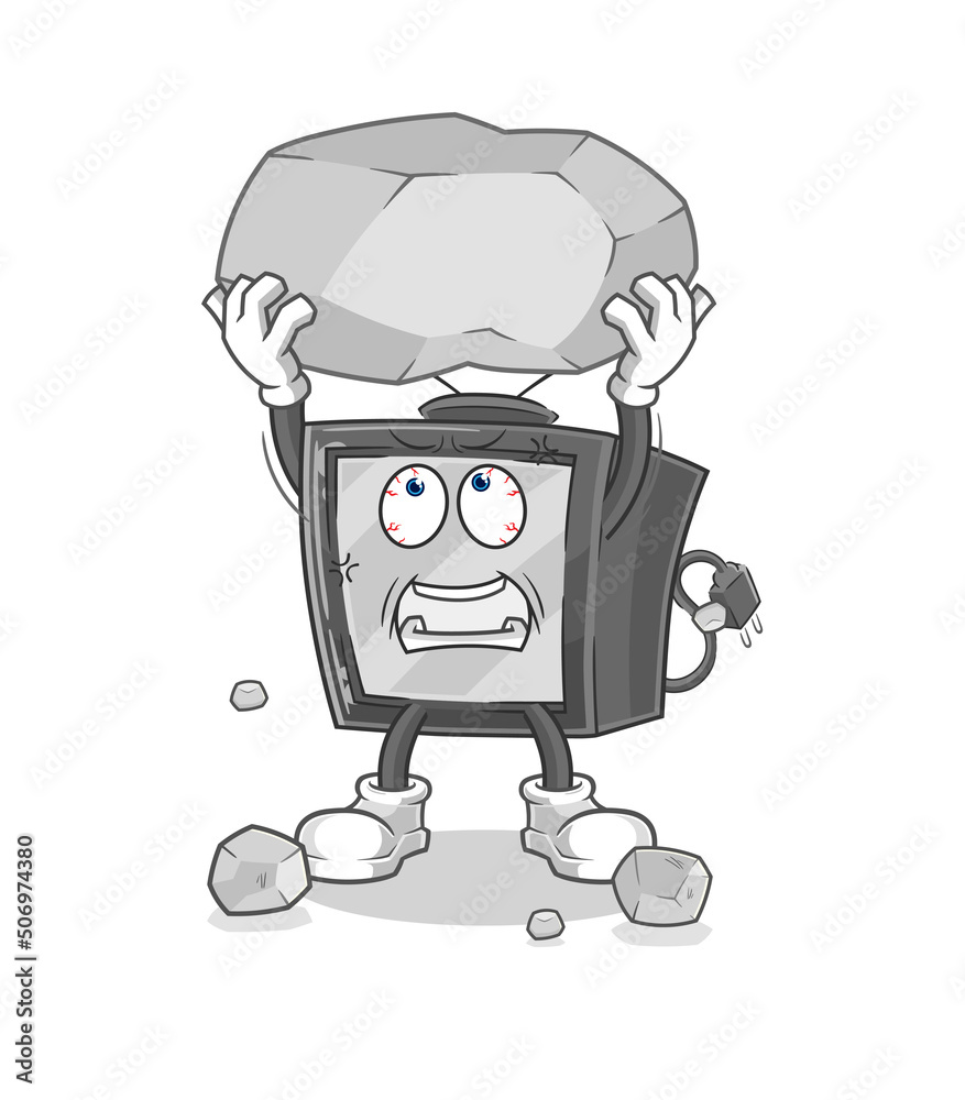 Naklejka premium old tv lifting rock cartoon character vector