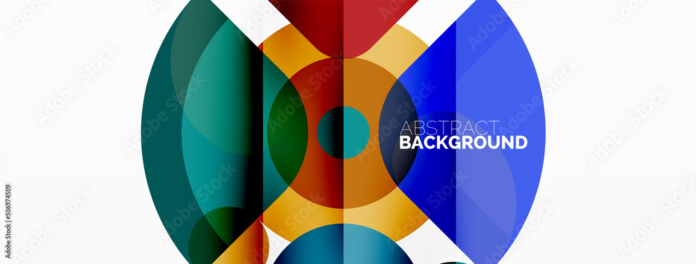 Obraz premium Colorful round shapes, circles and triangles background. Minimal geometric template for wallpaper, banner, presentation