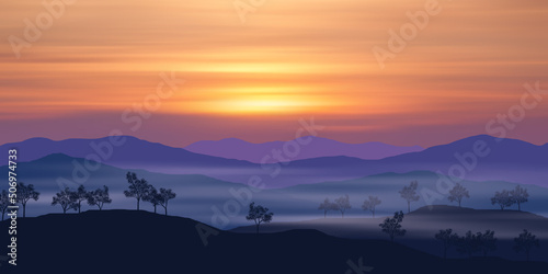 Mountain landscape at sunset, fog and hills, rural view