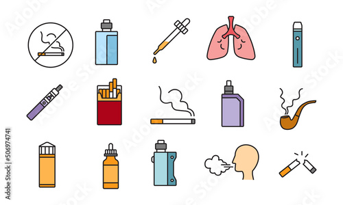 Set of smoking linear icons design. Collection of cigarettes, smoking devices, vape. Colorful and simple vector outline illustrations.