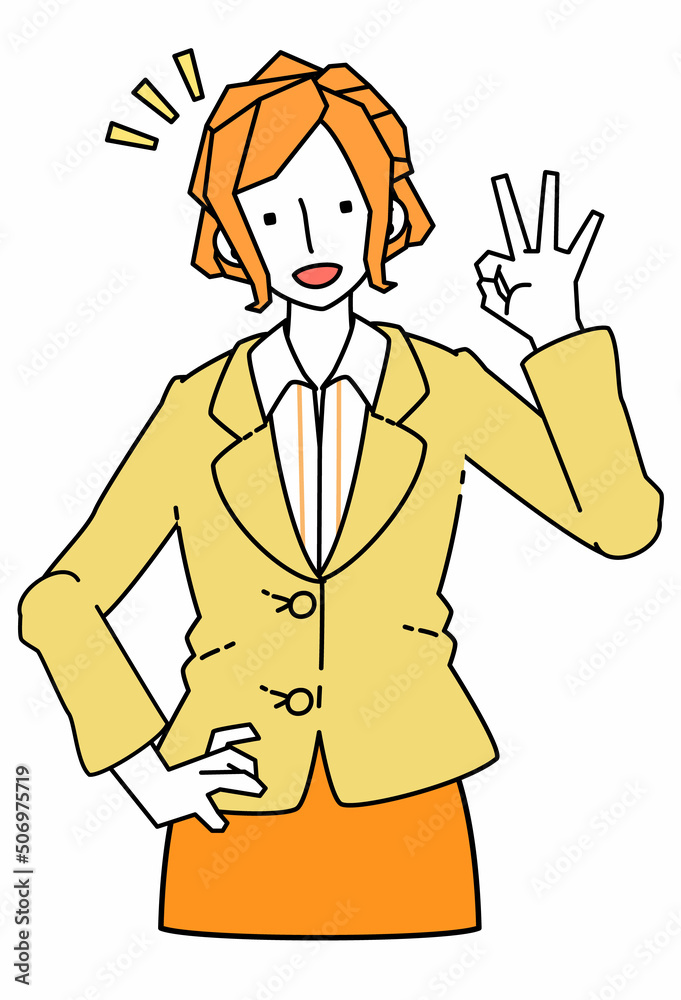 OKマークを作るスーツ姿のビジネスウーマンの女性のイラスト