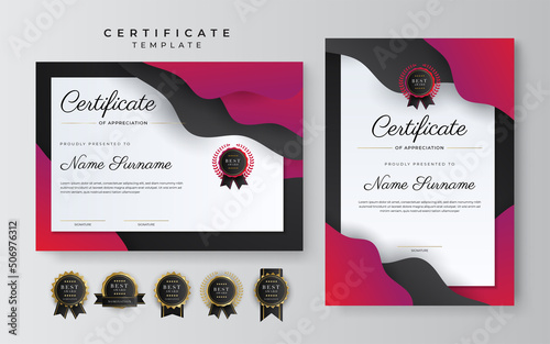 Red and black certificate of achievement template with gold badge and border