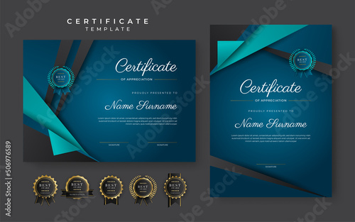 Blue certificate of achievement template with gold badge and border