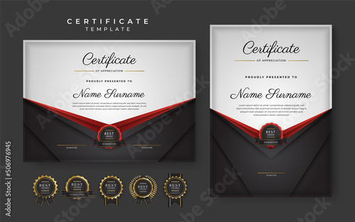 Red and black certificate of achievement template with gold badge and border