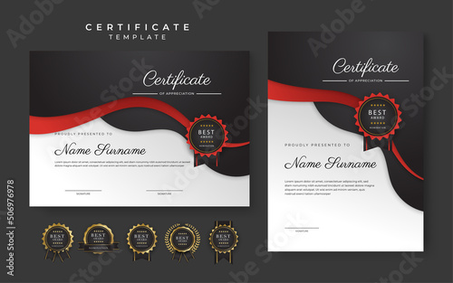 Red and black certificate of achievement template with gold badge and border