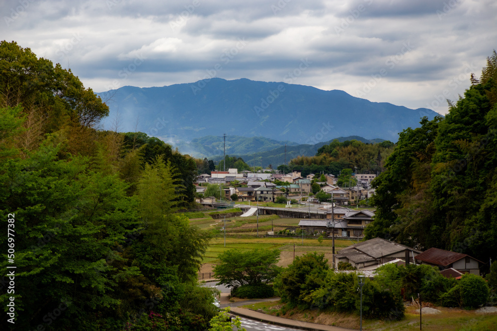 Countryside village with rice farm in Japan