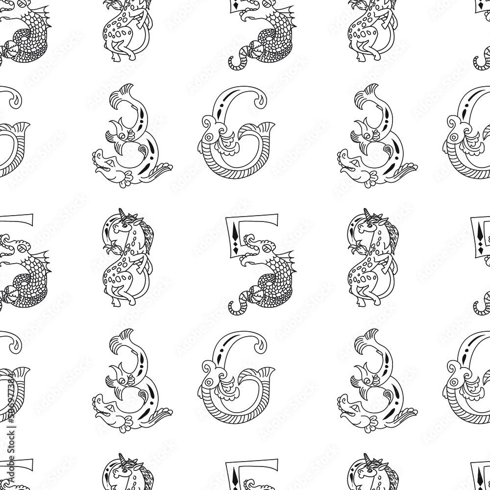 Seamless pattern with line art style abstract characters.
