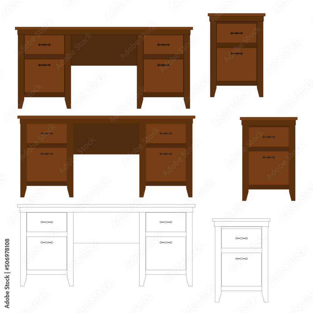 Vector brown wooden desk with two nightstands front view