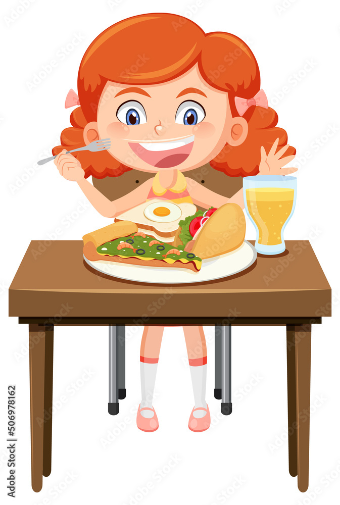 Happy girl enjoy eating food on table