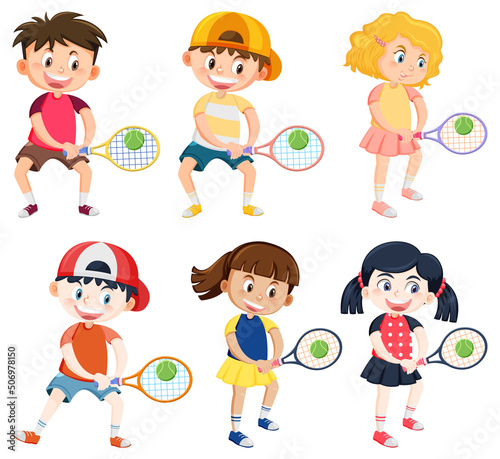 Cute children tennis players cartoon