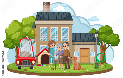 Elderly couple with caregiver in front of house