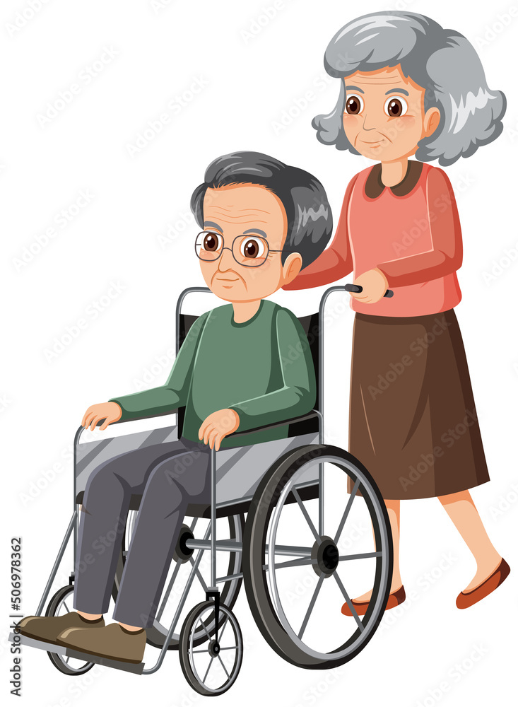 Elderly woman with her husband in wheelchair Elderly woman with her husband in wheelchair