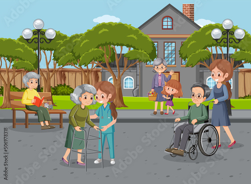 Outdoor park with elderly people and caregivers