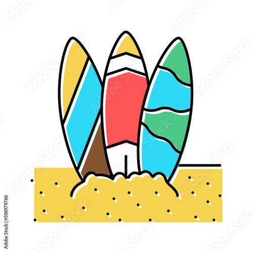 surf board on sand beach color icon vector illustration