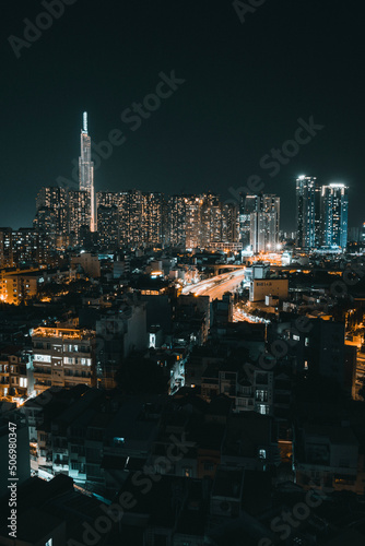 Nightscape of Ho Chi Minh City  it is the most populous city in Vietnam. Saigon skyline. View of City Garden Boulevard Tower  Chung cu City Garden 