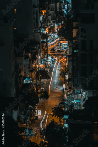 Nightscape of Ho Chi Minh City, it is the most populous city in Vietnam. Saigon skyline. View of City Garden Boulevard Tower (Chung cu City Garden)