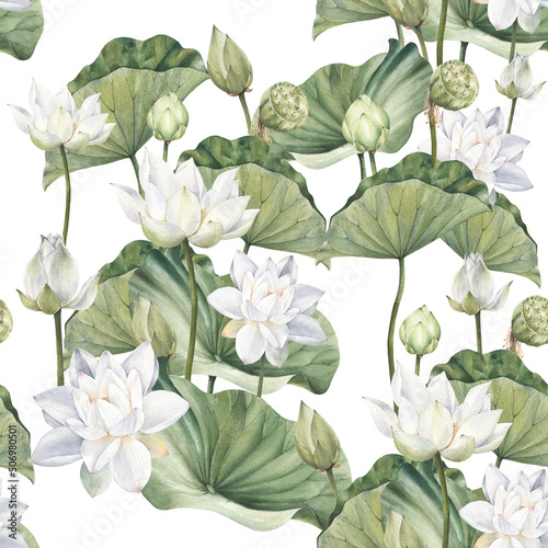 Hand drawn watercolor seamless pattern with white lotus flowers and lotus leaf