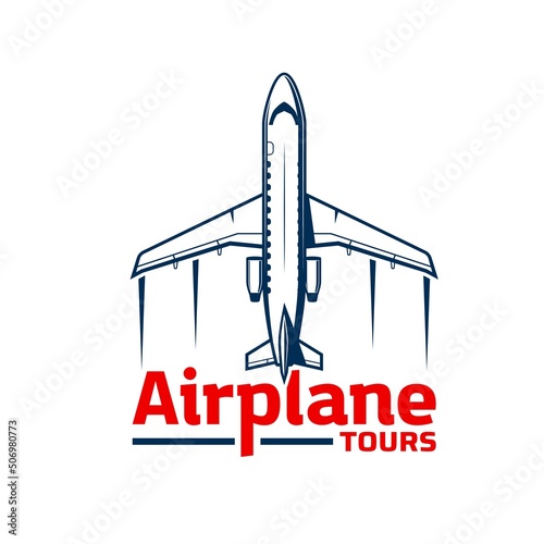 Airplane tours and air travel icon for flights and aviation service, vector. Air plane private jet and airplane tours rental, aviator academy and pilot instructors training club badge