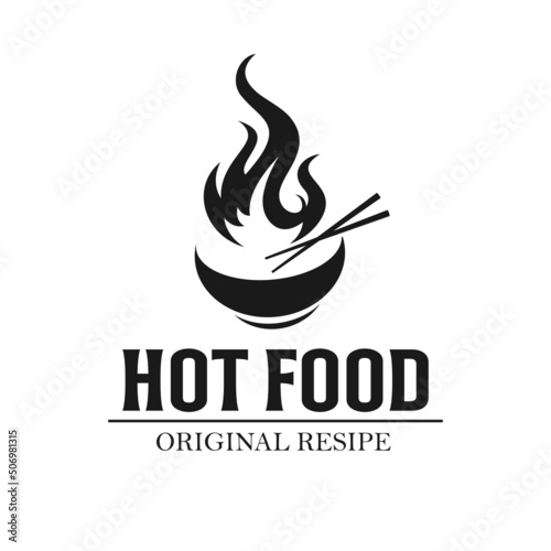 Wok asian food logo, Wok pan, plate, box, sticks, lettering, pepper, vegetables, Cook wok dish noodle ramen fire background logotype design. logo hot food illustration