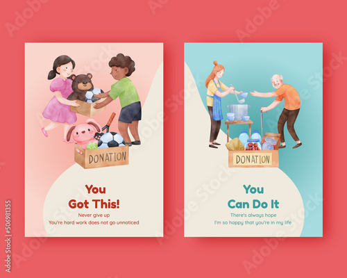 Card template with humanitary aid refugees concept,watercolor