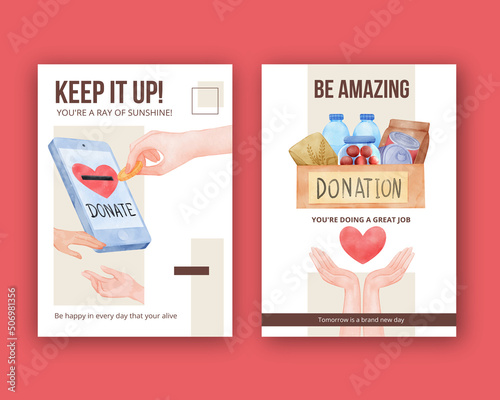 Card template with humanitary aid refugees concept,watercolor