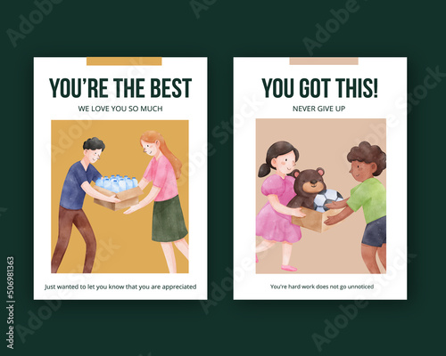 Card template with humanitary aid refugees concept,watercolor