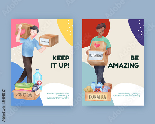 Card template with humanitary aid refugees concept,watercolor