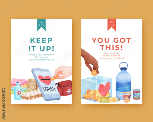 Card template with humanitary aid refugees concept,watercolor