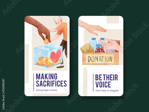 Instagram template with humanitary aid refugees concept,watercolor photo