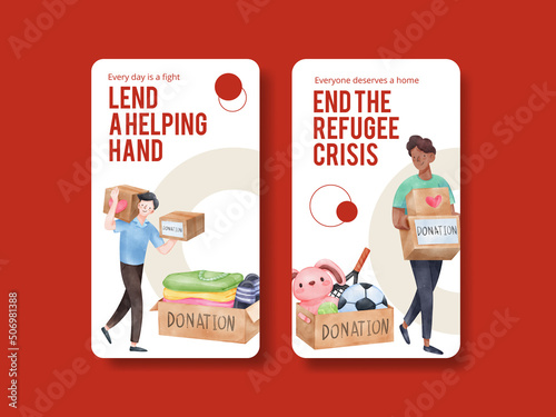 Instagram template with humanitary aid refugees concept,watercolor