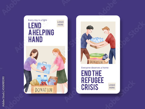 Instagram template with humanitary aid refugees concept,watercolor