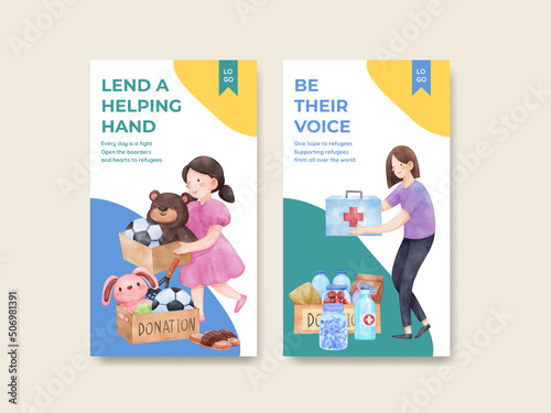 Instagram template with humanitary aid refugees concept,watercolor