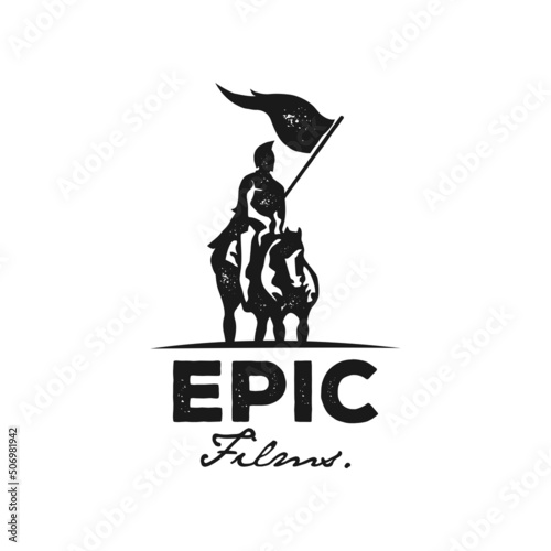 Movie Reel with Horse Knight Silhouette , Medieval Warrior Horseback Carrying War Banner Flag for Epic Colossal Movie Cinema Production logo design