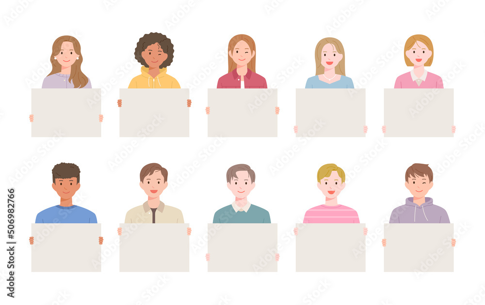 Diverse people holding white placards with smiling faces. flat design style vector illustration. Diverse people holding white placards with smiling faces. flat design style vector illustration.