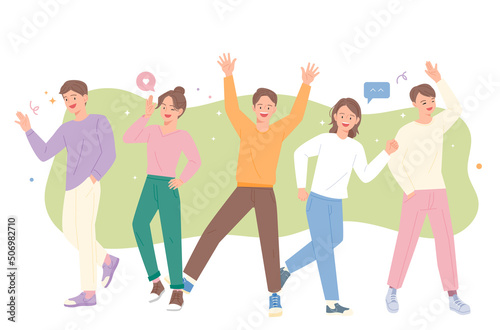 Young people are doing lively poses. flat design style vector illustration.