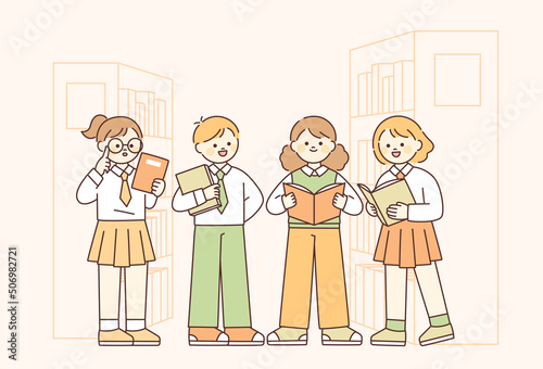 Students in school uniforms are in the library. Each is standing with a book. flat design style vector illustration.