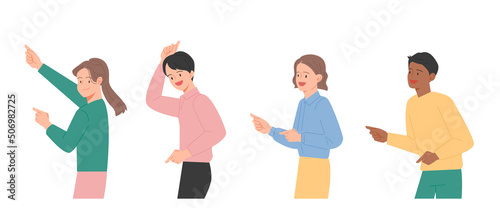 People are smiling with their fingers pointing to the side. flat design style vector illustration.