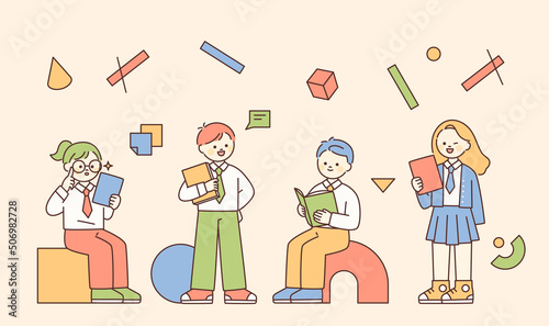Students in school uniforms are sitting or standing with books. Basic shapes are decorated. flat design style vector illustration.