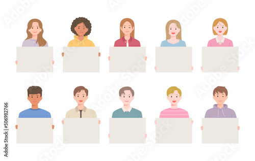Diverse people holding white placards with smiling faces. flat design style vector illustration.
