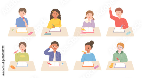 Cute children are studying with books open on the desk. flat design style vector illustration.