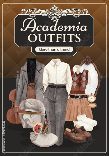 Poster template with dark academia outfit concept,watercolor