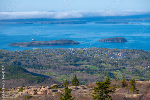 Acadia National Park aerial view including Bar Harbor town, Bar Island and Sheep Porcupine Island on top of Cadillac Mountain in Maine ME, USA. 