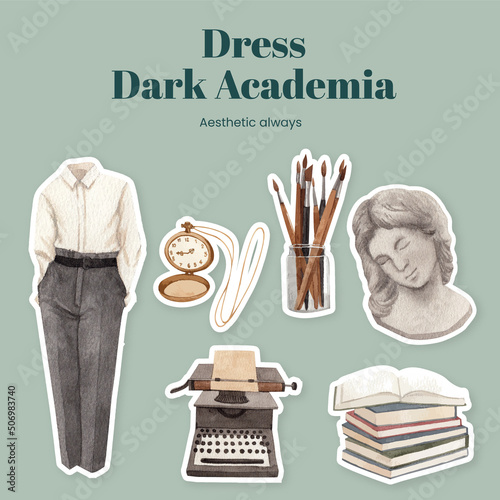 Sticker template with dark academia outfit concept,watercolor
