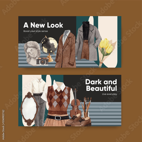 Twitter template with dark academia outfit concept,watercolor