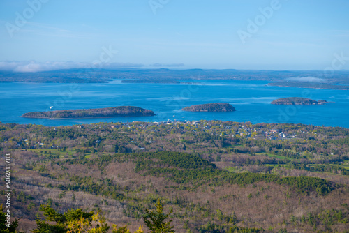 Acadia National Park aerial view including Bar Harbor town, Bar Island and Sheep Porcupine Island on top of Cadillac Mountain in Maine ME, USA. 