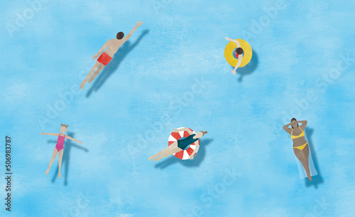 海で泳ぐ人々水彩画背景薄め