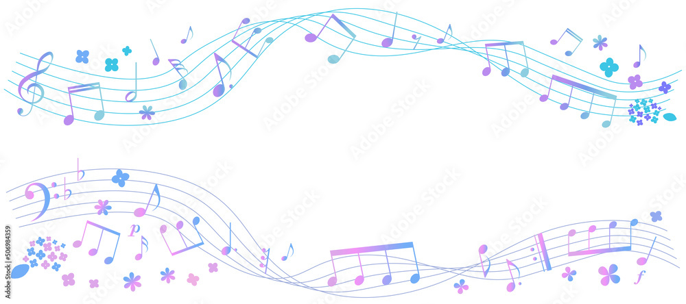 Stockvector 梅雨をイメージした楽譜のフレームイラスト 五線譜 背景イラスト 音符 休符 楽譜記号のイラスト 紫陽花 Adobe Stock