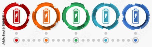 Battery, energy, power concept vector icon set, modern design abstract web buttons in 5 color options, infographic template